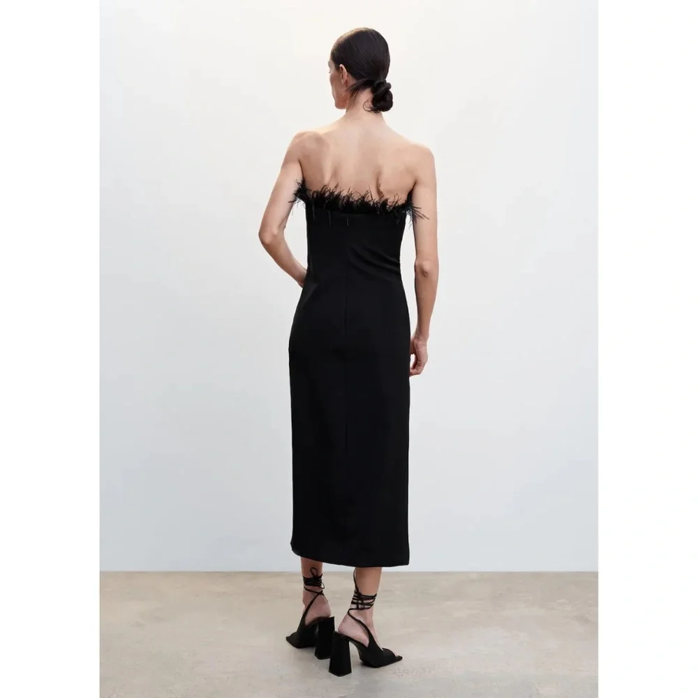 NWT Mango Black Feather Dress Midi- size 2 - Picture 5 of 9